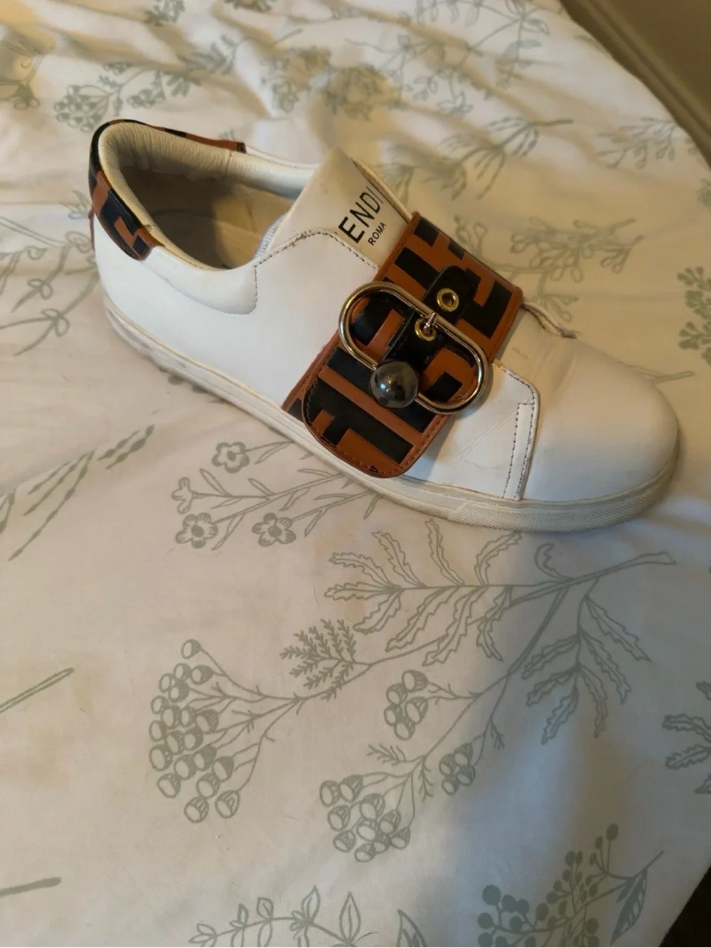 Fendi White Leather Sneakers with Brown & Black FF Strap
